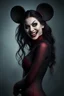 Placeholder: inspired by all the works of art in the world - laughing - Zym Fandell, an extremely tiny, thin, voluptuous beautiful mickey mouse-faced vampire werewolf female with long, black hair, full body image, wearing a skinsuit, Absolute Reality, Reality engine, Realistic stock photo 1080p, 32k UHD, Hyper realistic, photorealistic, well-shaped, perfect figure, a multicolored, watercolor stained, wall in the background, hickory dickory Clock