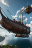 Placeholder: high fantasy flying skyship with brumestone nacelles, sailboat, wood hull, high resolution cgi, 4k, unreal engine 6, high detail, cinematic, concept art, thematic background, well framed
