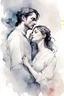 Placeholder: drawing of two people, Constance Buonasier and Dartagnan, characters of Dumas bending towards her in a half-bow, with a kiss on the hand, a solemn gesture, shy, beautiful illustration, Gene Wolfe, background of scenes from the film watercolor style of Mgali Villeneuve, by Ryohei Hase, Agnes Cecile, Raymond Swanland, Anne Bachelie