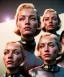 Placeholder: Ultra Realistic retro sci-fi movie scene, 1960 year, waist up view portrait, 3 clones blonde women, sweet young una Thurman face, perfect iris, glow eyes, face makeup. Mars and martians background, Retro sci-fi style, helmet, tight latex coat, fog, rain, soft color, highly detailed, unreal engine 5, ray tracing, RTX, lumen lighting, ultra detail, volumetric lighting, 3d, finely drawn, high definition, high resolution.