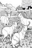 Placeholder: Outline art, no shading, goats full body in the garden, cartoon style, black and white, low detail, --ar 9:11