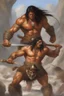 Placeholder: A giant Barbarian, Sandals, (extremely muscular), (Long_flowing_straight_Black_hair), suntanned-skinned, dark_golden_suntanned_skin, earrings, Jewelry, ((chainmail)), extreme action poses, Fighting barbarians, Prehistoric Background, oil on canvas, by Scott Alan Kendall, Amazing, finely detailed, perfect composition, extremely detailed, Original, extremely highres, realistic, best quality, ultra-detailed, Standing up, dark, cloudy skies, mist, fog, majestic mountain peaks,