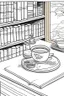 Placeholder: Japanese Tea on coffee table with book shelf in background coloring page