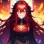 Placeholder: Clear focus, 8k, beautiful lighting, vibrant colors, girl, red long hair, vibrant golden eyes, messy hair, hair in between the eyes, laughing, angry,