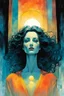 Placeholder: create an imaginative closeup full body print illustration of a female Oracle with finely detailed hair and feminine facial features, in an ethereal, otherworldly mountain temple , in the comic book art style of Bill Sienkiewicz, Mike Mignola, and Jean Giraud Moebius, finely textured, drawn, colored, and inked, suffused with dramatic natural light and shadow of sunset