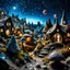 Placeholder: Close-up photograph of a village, naïve, people, houses, rock formations, stars and planets, animals, fungi, crystals, mineral concretions, extreme detail, intricate, volumetric light, colours, Tim Burton, Max Ernst, Yves Tanguy, sparkles, bokeh