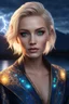 Placeholder: detailed eyes, female russian half elf, curvy, blonde short hairstyle, detailed glowing ornamental magical pattern form fitting robe, glowing gem crackling with lightning implanted on robe, 8k, high detail, lake background, midnight, facing viewer, front facing