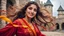 Placeholder: Hyper Realistic Photographic Close-Up View Of A Beautiful Young Pashto Woman With Beautiful Eyes Lips & Nose (Wearing Beautiful Red Frock With Orange Floral Patterns & Yellow-Ribbons On It Her Beautiful Long Hair Whirling In Air) Happily Whirling & Smiling Inside The Courtyard Of A Detailed-Crafted Stone-Castle At Cloudy Weather With Heavy Rainfall Showing Dramatic & Cinematic Ambiance.