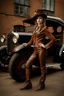 Placeholder: young woman with straight shoulder-length hair, dressed in brown leather trousers and waistcoat, leather gloves and a fascinator in an old industrial courtyard, next to a steampunk steam car on a summers day