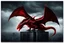 Placeholder: red dragon on top of a building wings outstetched dark fantasy lightening