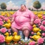 Placeholder: A fat man wearing a Balenciaga dress is sitting in a field of pink roses next to yellow plastic ducks and eating ice cream. 19th painiting