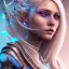 Placeholder: A beautiful portrait of a cute smiling cyberpunk woman, long blond platinum hair, high key lighting, volumetric light high details with blue and white stripes and feathers and white celtic paterns, beam starry background