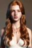 Placeholder: concept illustration, ultra-realistic, super-detailed, strikingly beautiful teen female, 16 years old, long ginger hair, medium freckles, full lips, full body, full face, b-cup breasts, athletic, centred camera, ignore NSFW, skimpy brown armor, halter top, thong, stern expression