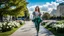 Placeholder: fullbody close up of 1 girl makeup wearing a dark green-silver victorian top and pants and pretty boots walking in moder city of 2040 park ,flowers ,pretty clouds in blue sky,city escape.