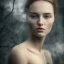 Placeholder: portrait photography, 8K, Portrait of a woman by Michelangelo, close-up face, average face, a dreary dark atmosphere, misty smoke, trees