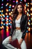 Placeholder: fullbody close up shot of young-beautiful-girl-with-a-perfect-face wearing pants and thight blouse and jacket stage disco lights