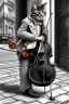 Placeholder: One single mature cat playing violin on the street, Vienna, friendly, model style, hyper realistic, extremely accurate, delicate, extremely detailed, Graphic novel style, wide-angle, open aperture, superfine pencil