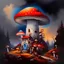 Placeholder: A rustic white, blue and orange (((mushroom house))) perched atop a (tall geologic pillar), surrounded by a ((( rainbow haze ))), offset by the subtle hues of an (dark space scape), within. captured by the hand a skilled master painter with a focus on (hard bold compositions and voluminous lighting).detailed matte painting, deep color, fantastical, intricate detail, splash screen, exaggerated colors, fantasy concept art, 8k resolution