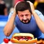 Placeholder: Volodymyr Zelensky WITH A BEARD wearing TANKTOP EATING A HOTDOG