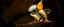 Placeholder: pen outline with some neon airbrush, illuminated transparent glowing quickling pixie gremlin in the shadows with long fluffy white fur looking at awesome glowing cave painting, pin hole camera, in the style of Rembrandt