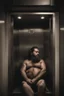 Placeholder: full figure photography of a gipsy man 33 year old man ugly chubby muscular bearded sleeping, open mouth, shirtless, manly chest, short beard, long hair, closed eyes, big belly, sitting in a dark elevator, dim top light, completely wet, photorealistic, ambient occlusion , view from the ground