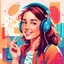 Placeholder: "Generate a charming vector illustration of a young women face with a friendly and joyful expression. She should be wearing headphones, and the background should feature a colorful and inviting study room with elements that exude a sense of youthfulness. Emphasize a warm and soft and hard colors delightful details. Capture the young girl as she enjoys music in study space watching left side