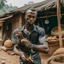 Placeholder: a black man holding a chicken in a village setup