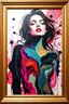 Placeholder: A women painted with Liquid abstract painting, framed with a classic picture frame