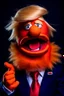 Placeholder: a Film Photograph of a realistic angry orange Donald J. Trump Muppet made of felt and fur wearing a dark blue suit and red tie and with blonde hair combover, he is old and angry with a small round mouth