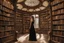 Placeholder: full-height shot of a woman in a tight black dress, inside a large magic book shop, books, bottles, windows