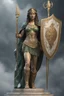 Placeholder: highly detailed marble and jade roman statue on a plint of a 18 year old marble woman in plate mail and carrying a round spear and holding a shield in front of her. long braided hair, full body shot, invisible gloves, , volumetric fog, Hyperrealism, breathtaking, ultra realistic, unreal engine, ultra detailed, cyber background, Hyperrealism, cinematic lighting, highly detailed, breathtaking, stunning temple environment