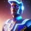 Placeholder: Handsome galactic man, glitter blue and white tron suit with jewels, blond hair, blue eyes, cinematic lights, full details, hight quality, unreal engine 5, 4k, cosmic stars background