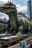 Placeholder: A giant dinosaur purchased from Costco is destroying Tokyo, with McDonald’s restaurants mobilizing an army to defend