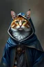 Placeholder: fantasy portrait of a calico humanoid cat wearing regal blue and silver robes