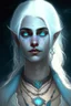 Placeholder: hauntingly beautiful character for dnd, young woman with white hair and blue eyes, angel, with moon necklace, fangs visible