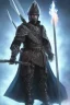 Placeholder: A warrior with a matte black combat helmet and eyes with bright blue flaming pupils, a black cape and a long coat with long combat boots and a long, sharp and fiery spear and with his helmet under his cape and two blue flames instead of eyes