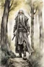 Placeholder: ink wash and watercolor illustration of an ancient grizzled, gnarled elf vagabond wanderer, long, grey hair streaked with black, highly detailed facial features, sharp cheekbones. His eyes are black. He wears weathered roughspun Celtic clothes, emaciated and tall, with pale skin, full body , thigh high leather boots within a forest of massive ancient oak trees in the comic book style of Bill Sienkiewicz and Jean Giraud Moebius , realistic dramatic natural lighting