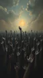 Placeholder: a field of thousands of hands of bodies buried in the ground , horror, hands in different shapes coming out from the ground towards the sky Busch painting style nightmare