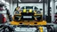 Placeholder: A car repair shop where two people are repairing a black and yellow BMW M6 series with an eye-catching theme in a sophisticated and special repair shop where a collection of car engine parts is arranged at the bottom of the image