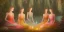 Placeholder: group of beautiful ladies in colourful dresses meditating in an enchanted forest with a lake at night, candles in the trees