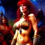 Placeholder: Drawing of beautiful face,'beautiful ,Busty Red Sonja',intense stare, ancient skintight armor, balanciaga fashion clothe painting by gaston bussiere, greg rutkowski, yoji shinkawa, yoshitaka amano, tsutomu nihei, donato giancola, tim hildebrandt, Oil on canvas, cinematic composition, extreme detail,fit full head inside picture,16k