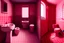 Placeholder: a realistic photo of a red tile bathroom with a bath tub in left and a pink toilet in right with hand washer