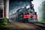 Placeholder: An old vintage train station on a foggy day, add deep dark color and reflections in and around the old stempunk train