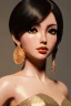 Placeholder: Young manga business woman, dark orange eyes, dark brown hair, elegant hair, thin lips, gold hoop earrings, waist up portrait, 8k resolution, intricate details, ornate details, soft lighting, vibrant colors, retroanime, masterpiece, realistic, intricate eyeliner, dark eyeshadow, eyes,futuristic cityscape background
