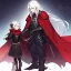 Placeholder: Vampire knight, young man, handsome, long white hair, black full plate armor, red cape