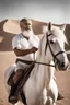 Placeholder: Portrait photography of a burly arab strongman, white beard, sweat, hairy chest, 63 year old, big eyebrows, curly hair, white t-shirt, on a white horse in the desert under the sun, photorealistic, ambient occlusion