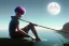 Placeholder: An extremely detailed, exquisite painting of boy sitting on a crescent moon fishing surrounded by the entire universe