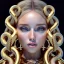 Placeholder: brown eyes, curly hair roll with snakes, blonde cute young woman singing at saturns europa moon, golden jewelry, ice cold, winter, magnificent, majestic, highly intricate, incredibly detailed, ultra high resolution, complex 3d render,renaissance painting