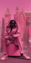 Placeholder: Snoop dogg. a chair. pink houses, pink sky, pink smoke, trees, outdoors