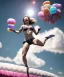 Placeholder: Ultra realistic speed clouds sky scene, wide angle view, sweet women falling down, inflatable color clothing, free jumping flying, many trinkets, hair monster, many jelly beans, balls, color smoke, smile, happy, circus style, extreme, wind, clouds sea, 20,000 feet altitude, stratosphere, soft color, highly detailed, unreal engine 5, ray tracing, RTX, lumen lighting, ultra detail, volumetric lighting, 3d, finely drawn, high definition, high resolution.